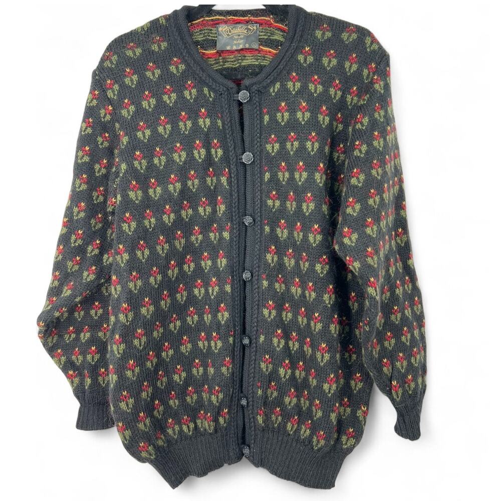 Vintage Dark Gray Cardigan Sweater with Red and Green Floral Pattern